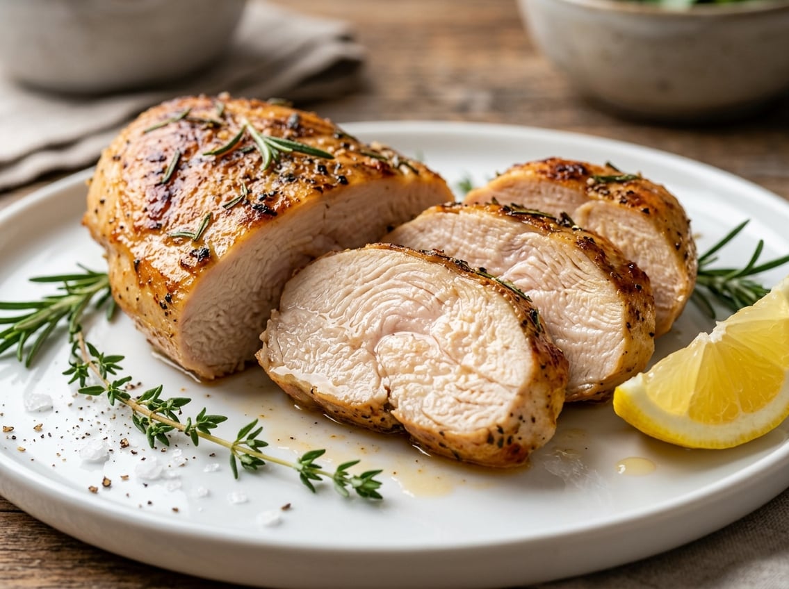 Close-up of a sliced, juicy cooked chicken breast on a white plate with herbs and a lemon wedge.