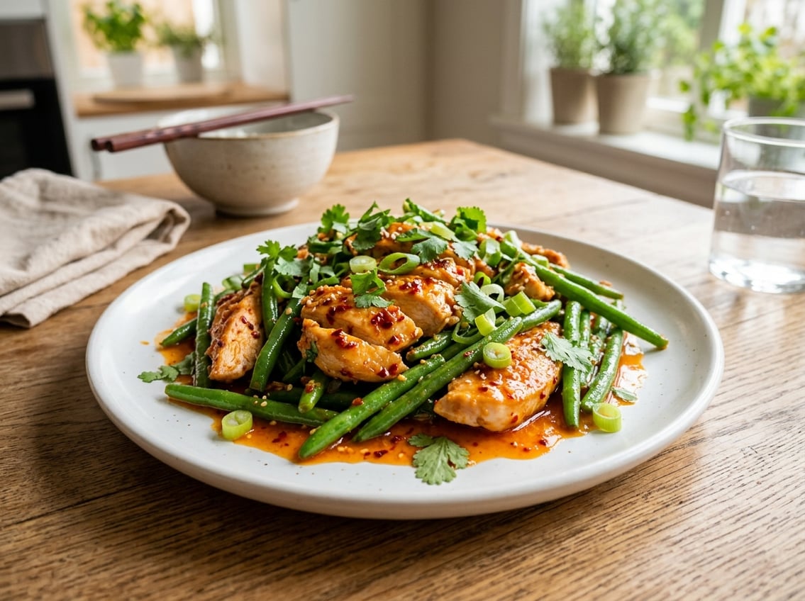 A plate of spicy string bean chicken breast with green beans and fresh herbs on a wooden table.