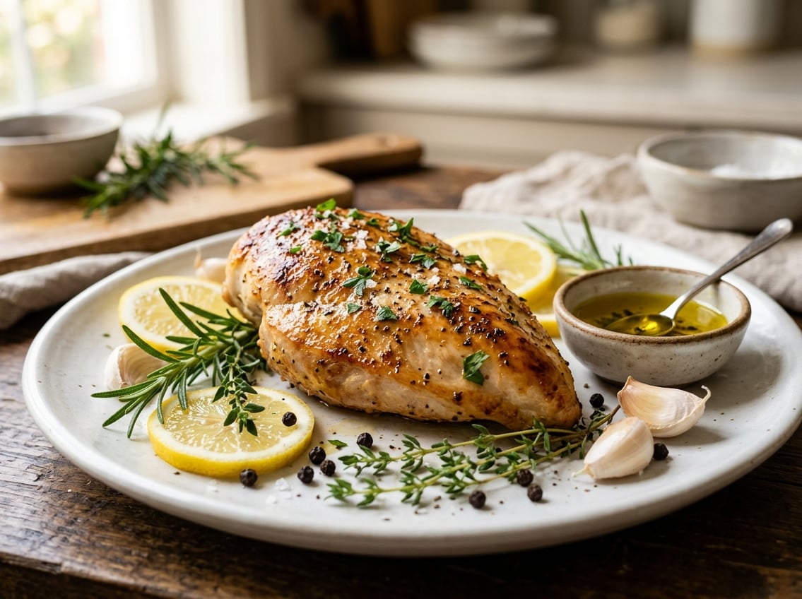 Close-up of a cooked chicken breast on a plate surrounded by herbs, garlic, lemon slices, peppercorns, and olive oil.