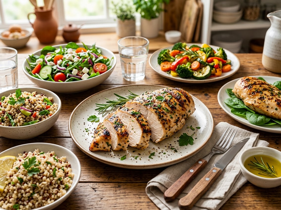 A plate with sliced grilled chicken breast served alongside vegetables, salad, and rice on a dining table.