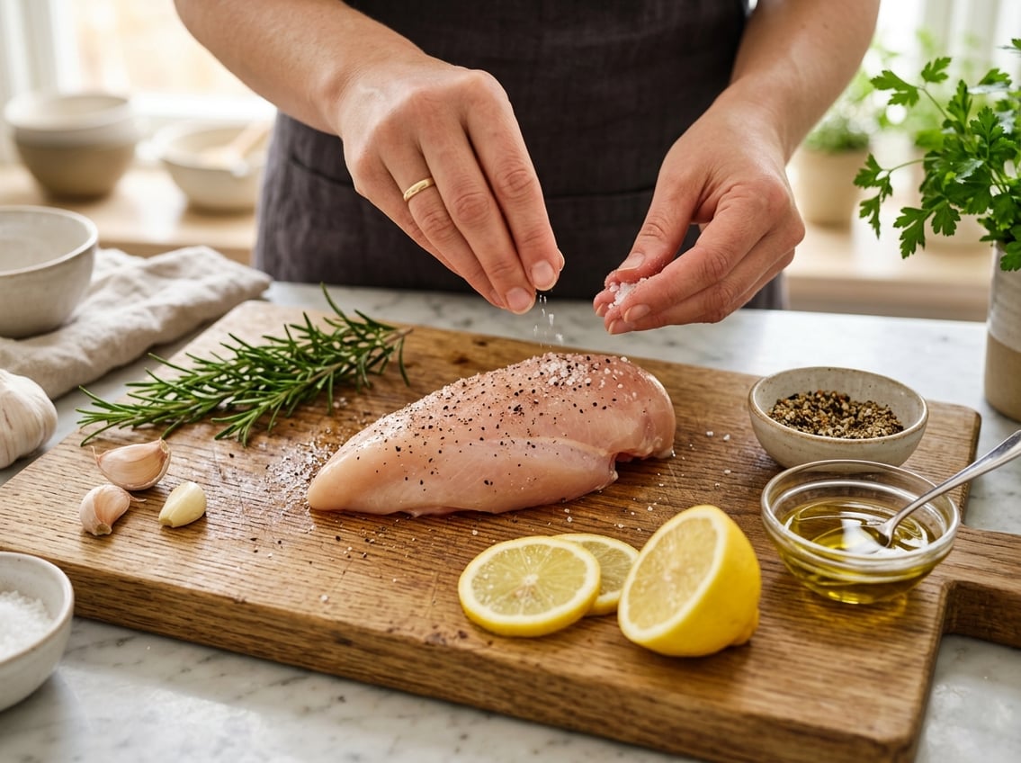 Hands seasoning a raw chicken breast on a cutting board with fresh herbs and lemon slices nearby.