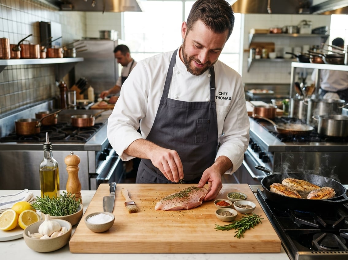 A chef seasoning raw chicken breast on a cutting board with fresh ingredients and a pan cooking chicken in the background.