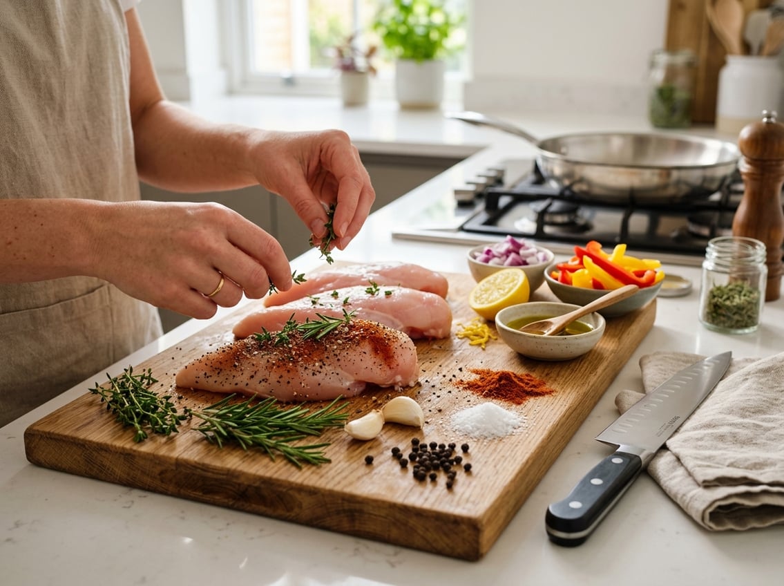 A kitchen scene with raw chicken breasts being seasoned with herbs and spices on a cutting board surrounded by fresh ingredients and cooking utensils.