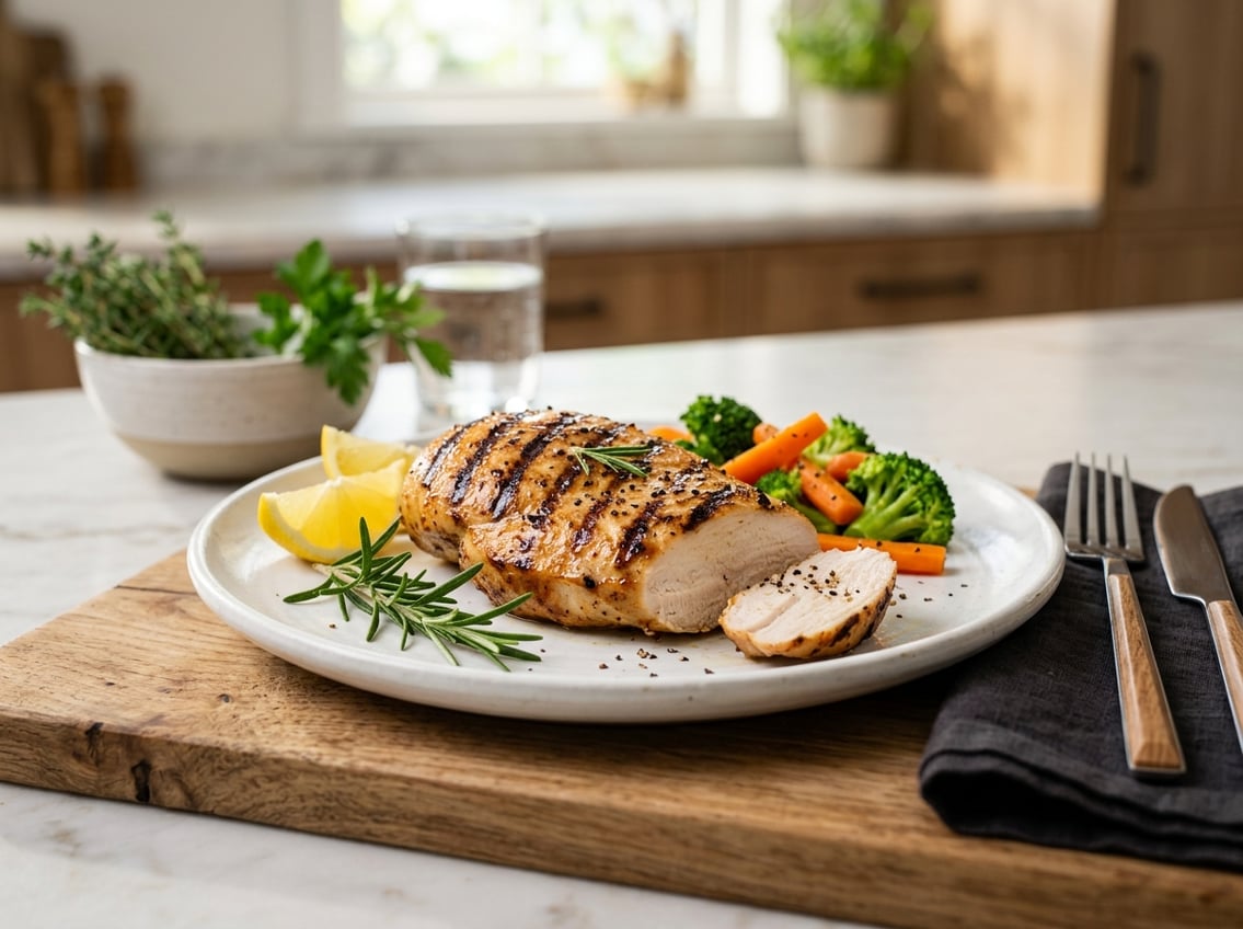 A close-up of a cooked chicken breast on a plate with lemon wedges, rosemary, and steamed vegetables on a kitchen countertop.