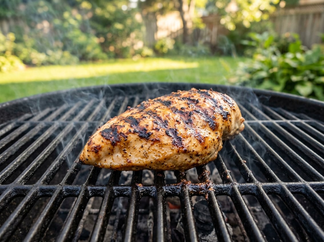 Close-up of a chicken breast cooking on an outdoor grill with visible grill marks and smoke.