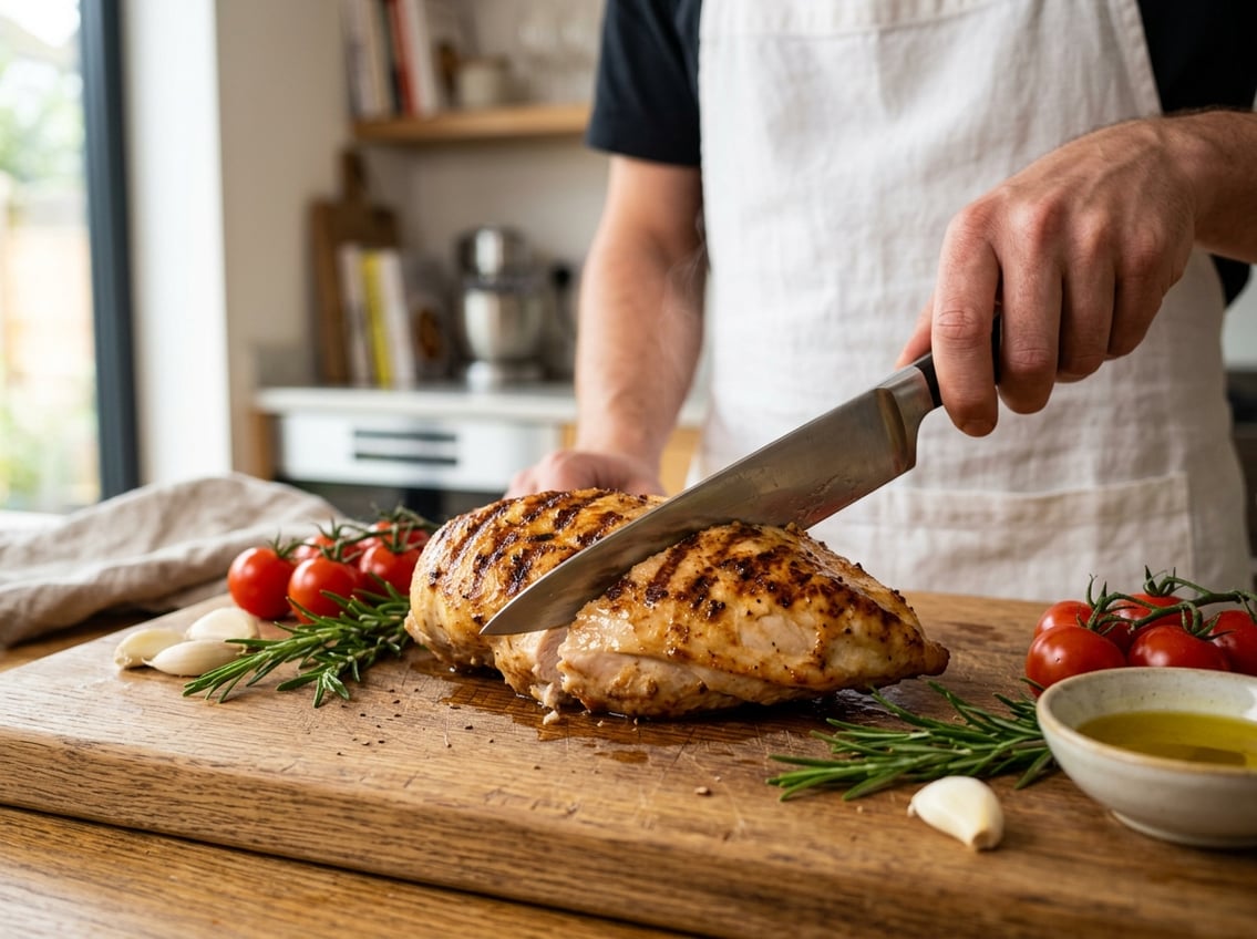 A person slicing a cooked chicken breast on a cutting board with fresh vegetables and herbs nearby in a kitchen.