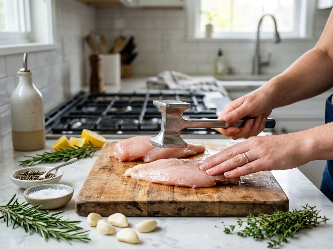 Hands pounding a raw chicken breast on a wooden cutting board surrounded by fresh herbs, garlic, lemon slices, and spices in a kitchen.