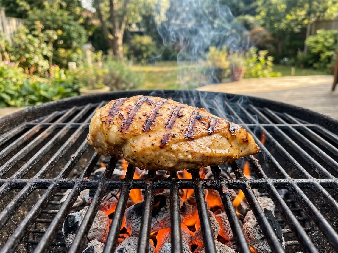 A grilled chicken breast with grill marks cooking on a barbecue grill with glowing charcoal and smoke.