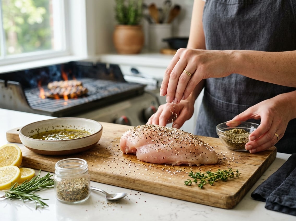 Close-up of hands seasoning a raw chicken breast on a kitchen countertop with herbs and lemon slices nearby, with a grill visible in the background.