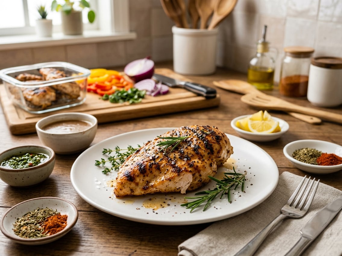 A cooked chicken breast garnished with herbs on a plate, surrounded by bowls of sauces and kitchen utensils on a countertop.