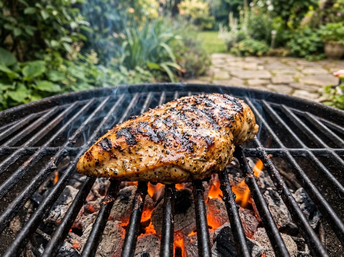 A grilled chicken breast cooking on a barbecue grill with smoke rising and a garden background.