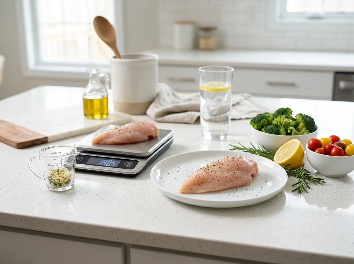 A kitchen countertop with a raw chicken breast on a plate, a digital kitchen scale, fresh vegetables, and a glass of water.