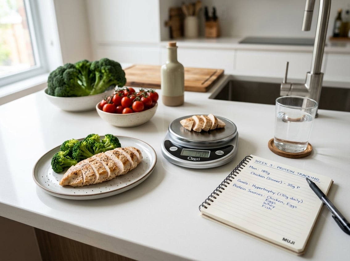 A plate with cooked chicken breast next to a nutrition notebook, measuring scales, and fresh vegetables on a kitchen countertop.