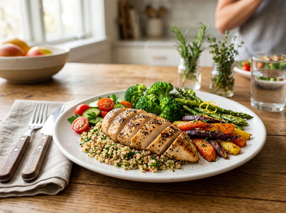 A plate with sliced chicken breast, steamed vegetables, and whole grains arranged as a balanced meal on a dining table.