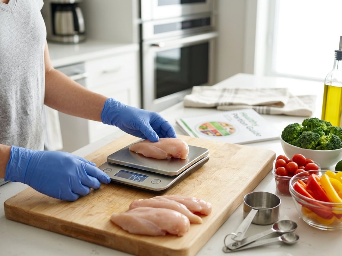 Person measuring raw chicken breasts on a kitchen scale with fresh vegetables nearby in a clean kitchen.