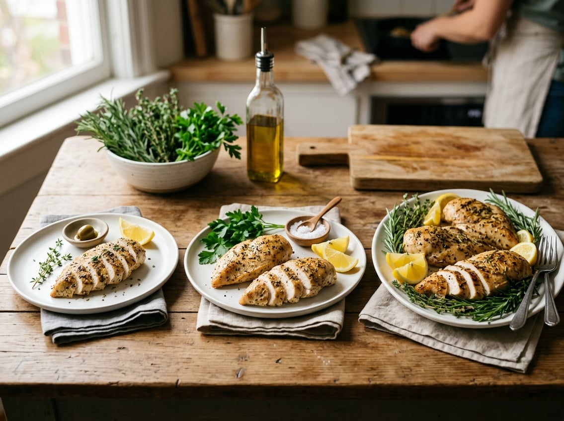 A table displaying plates with different portion sizes of cooked chicken breast, arranged to show servings for one person, two people, and a family meal, with fresh ingredients around.