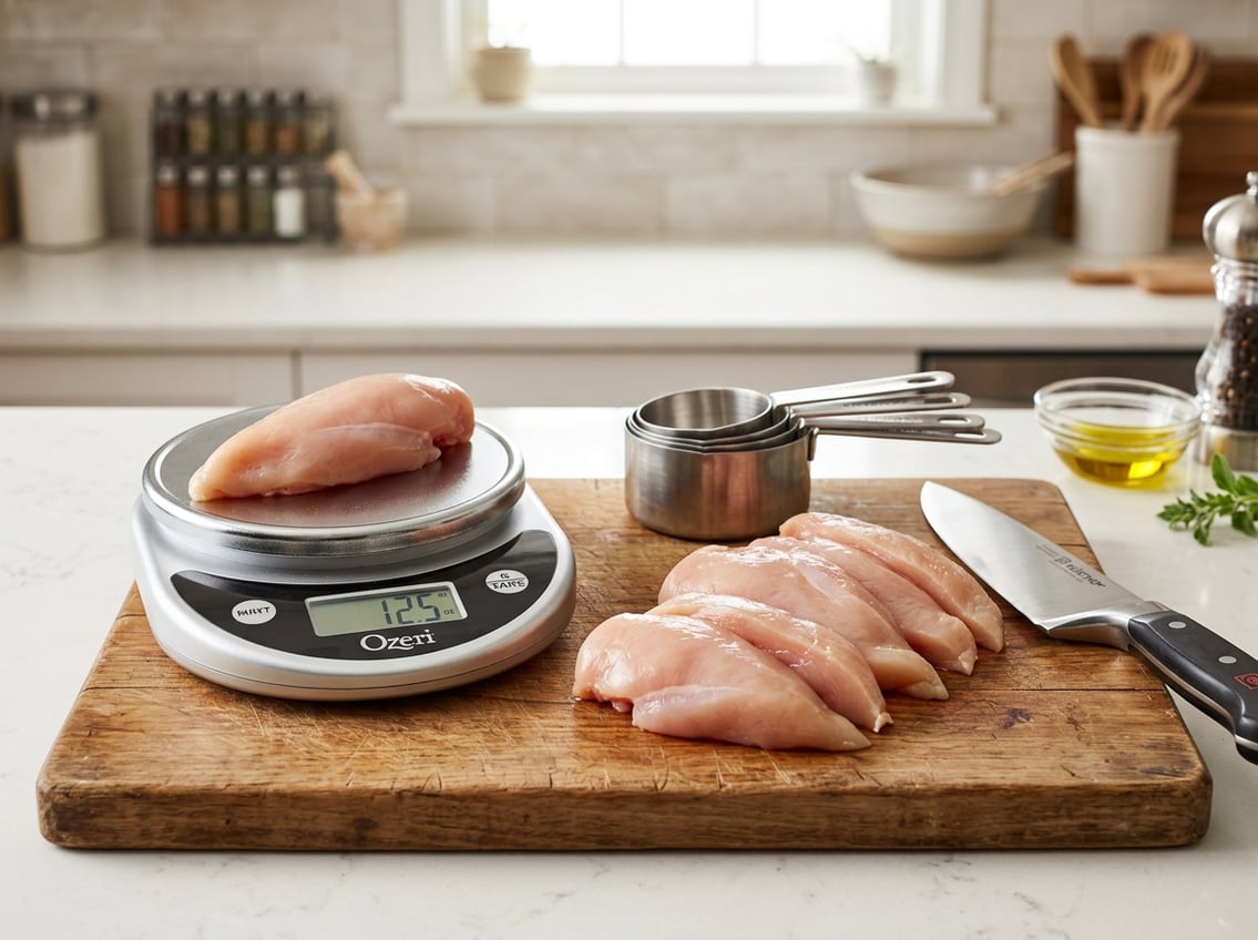 Raw chicken breasts being measured on a kitchen scale with measuring cups and a knife on a wooden cutting board in a modern kitchen.