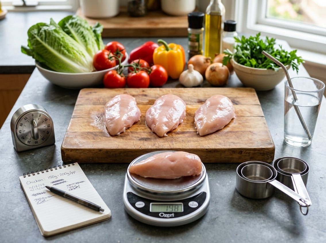 Raw chicken breasts on a cutting board with measuring tools and fresh vegetables on a kitchen countertop.