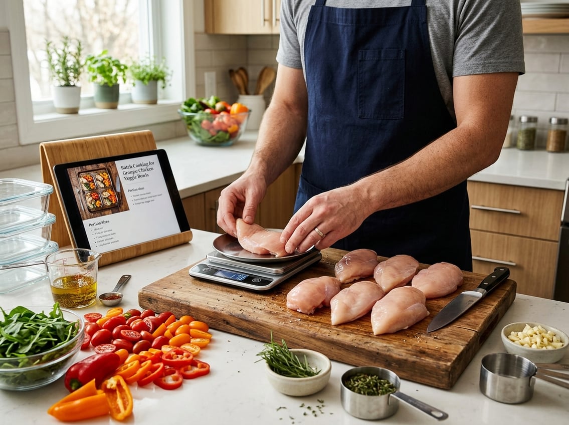 Hands portioning raw chicken breasts on a cutting board in a kitchen surrounded by fresh vegetables and measuring tools.