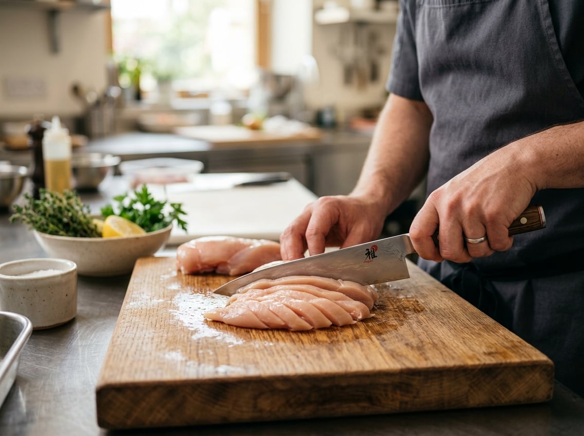 Close-up of hands slicing a raw chicken breast into even strips on a wooden cutting board in a kitchen.