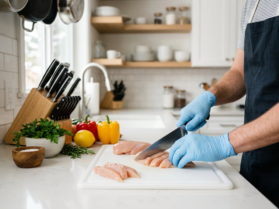Hands wearing gloves cutting raw chicken breast on a white cutting board in a clean kitchen.