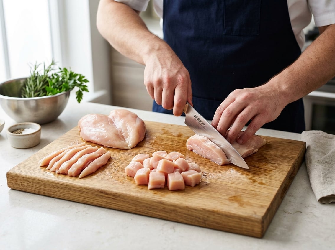 Hands slicing a raw chicken breast into different cuts on a wooden cutting board in a kitchen.