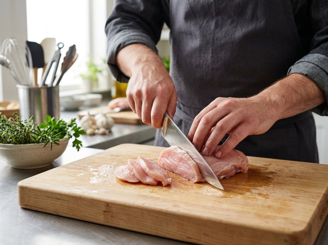 Hands slicing a raw chicken breast into thin pieces on a wooden cutting board in a kitchen.