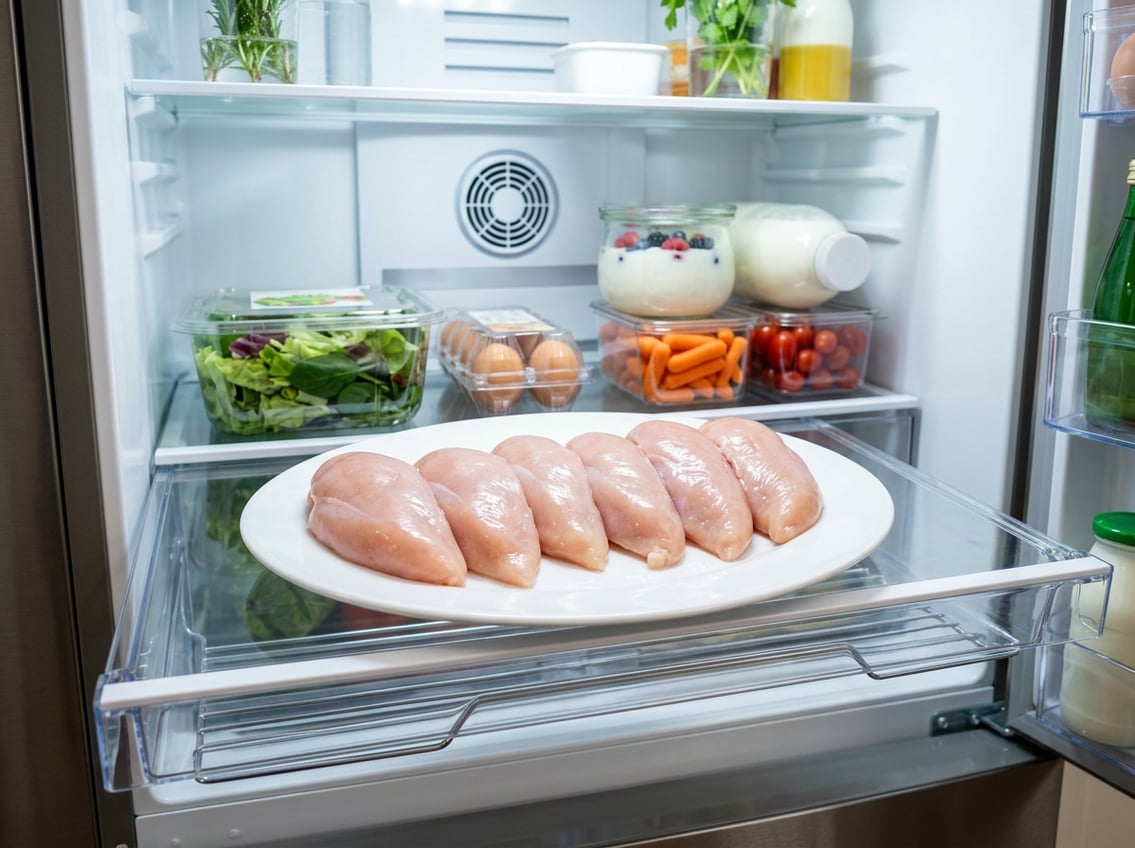 Raw chicken breasts on a plate inside a well-lit refrigerator with other fresh food items in the background.
