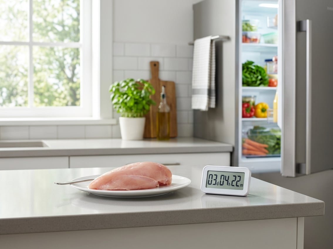 Raw chicken breast on a white plate on a kitchen countertop with a digital timer nearby and an open refrigerator in the background.