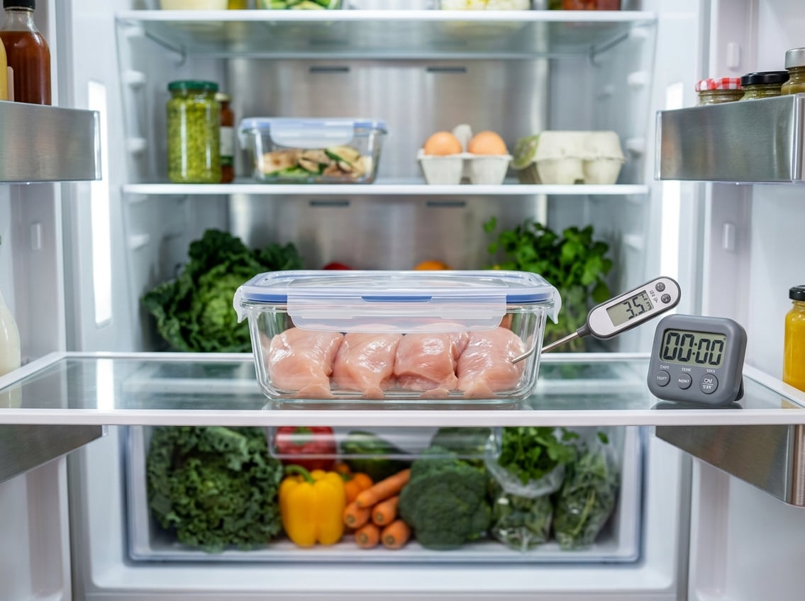Raw chicken breasts stored in a clear container inside a well-lit refrigerator with kitchen tools nearby.