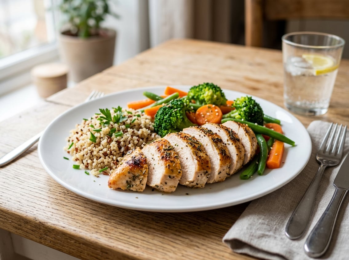 A plate with a cooked chicken breast, steamed vegetables, and a small serving of grains on a wooden table.