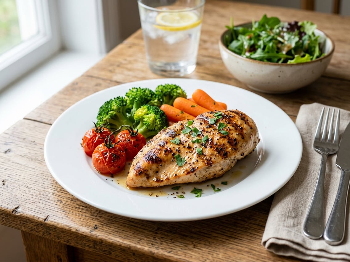 A plate with a grilled chicken breast and steamed vegetables on a wooden table.
