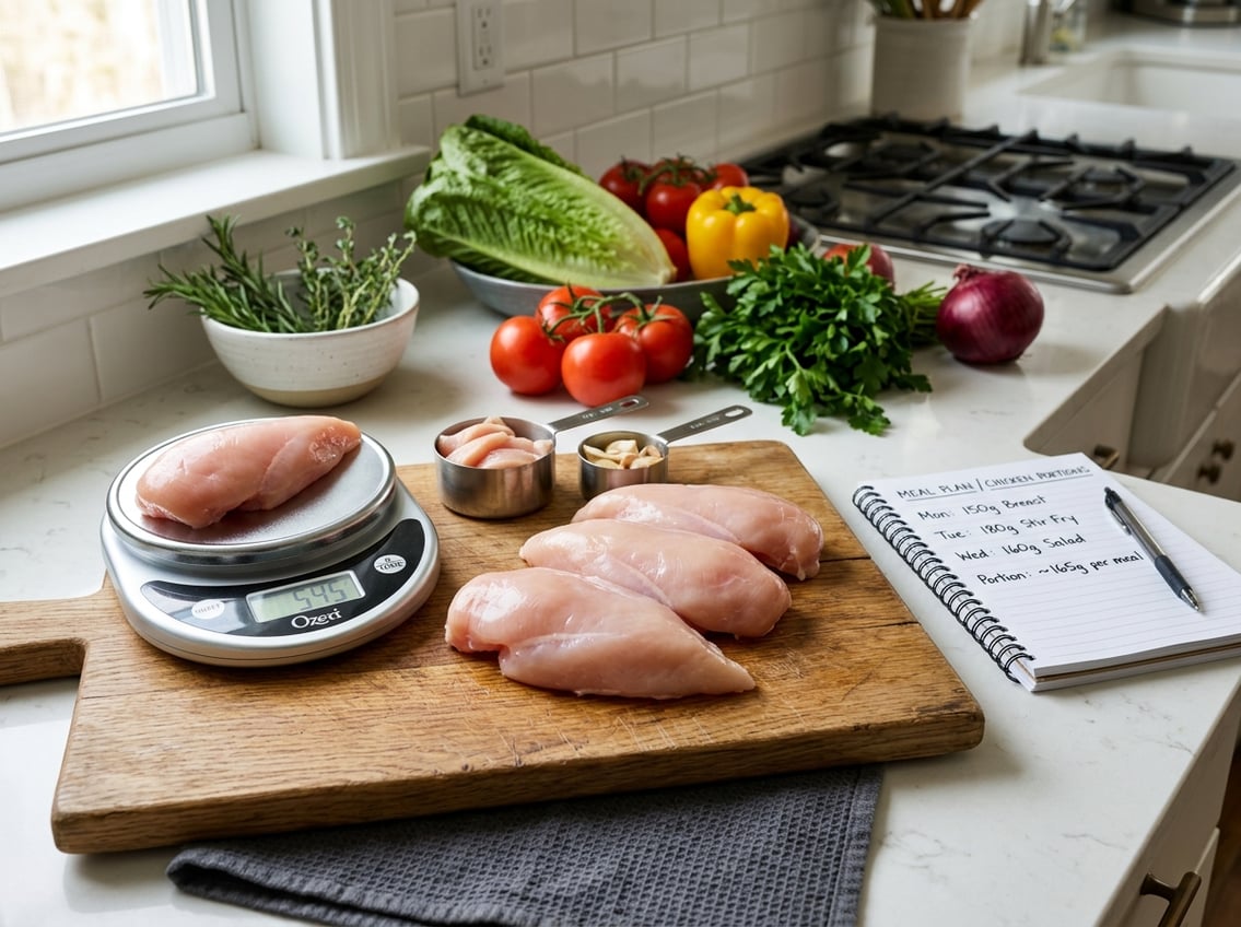 Raw chicken breasts on a cutting board next to a kitchen scale and fresh vegetables on a kitchen countertop.