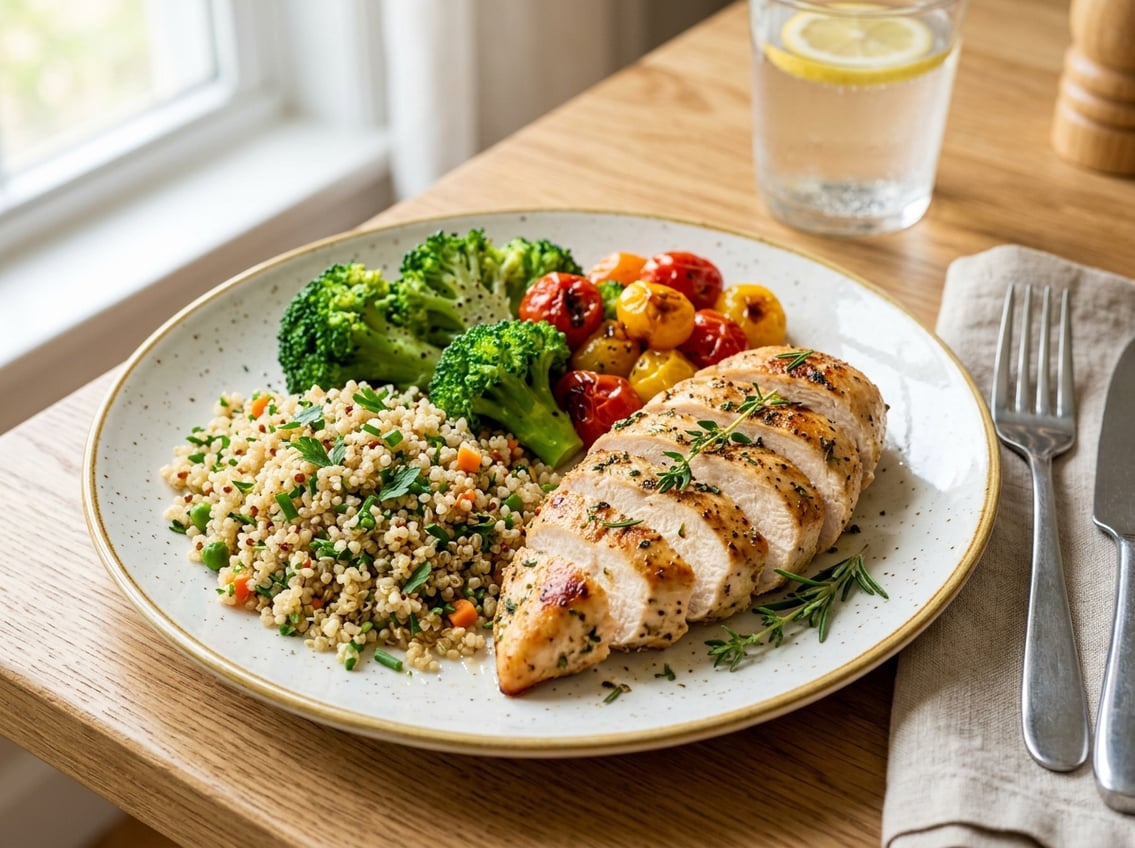 A plate with sliced chicken breast, steamed broccoli, cherry tomatoes, and quinoa on a table in a kitchen setting.