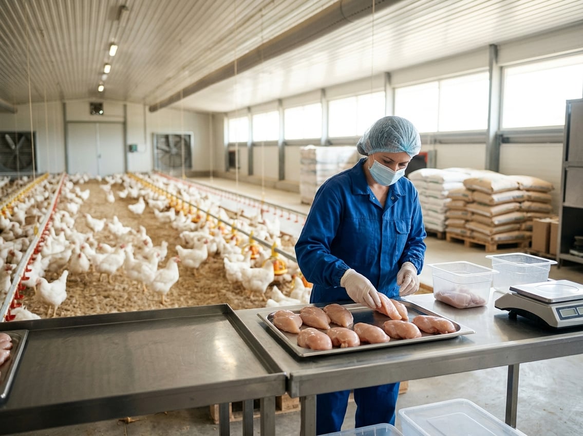 A worker in protective clothing inspects chicken breasts on a table inside a clean poultry farm with chickens in spacious coops in the background.