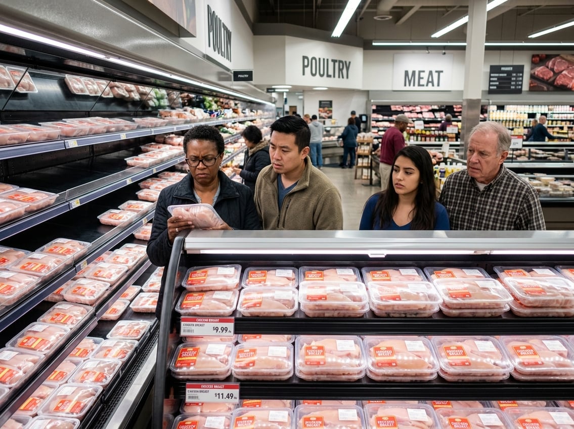 Shoppers looking at packaged chicken breasts in a grocery store poultry section.