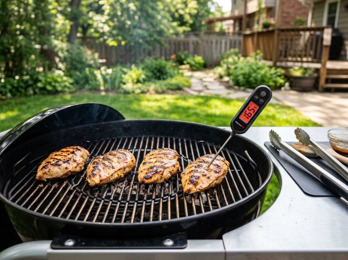 Close-up of chicken breasts cooking on an outdoor grill with a meat thermometer inserted, surrounded by grilling tools.