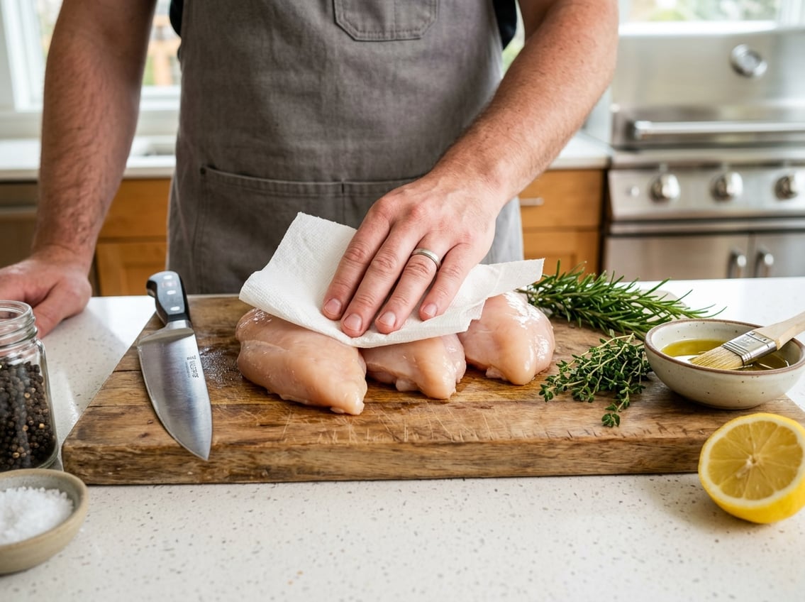 Raw chicken breasts being prepared on a kitchen countertop with fresh herbs and lemon nearby.