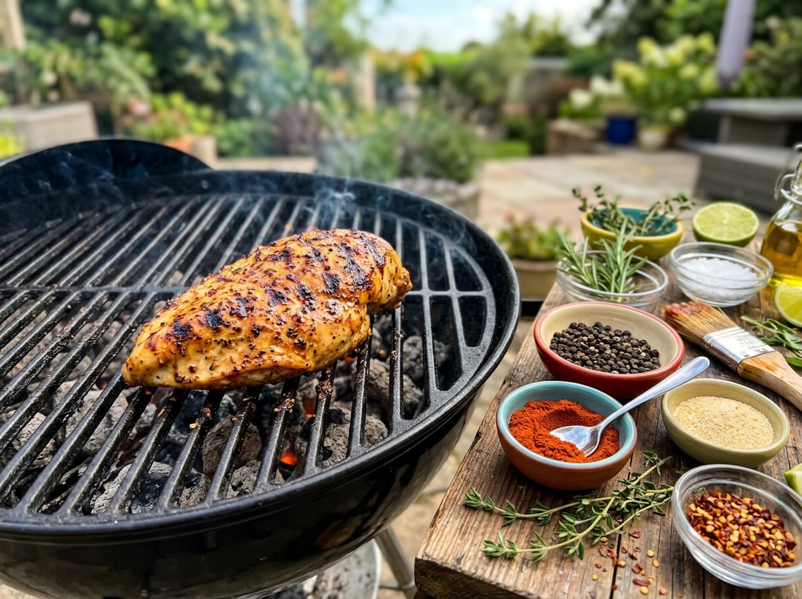 Grilled chicken breast on a barbecue grill with bowls of spices and fresh herbs arranged nearby.