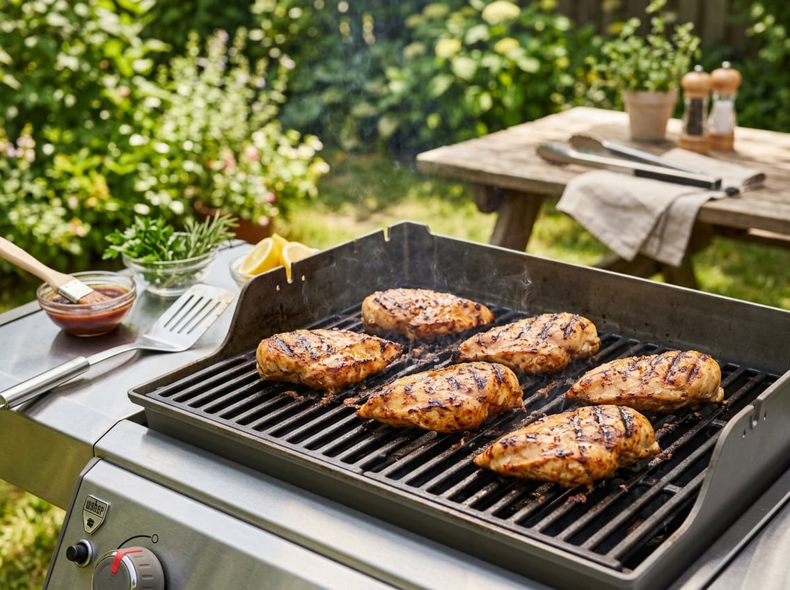 Grilled chicken breasts cooking on an outdoor barbecue grill with garden and picnic table in the background.