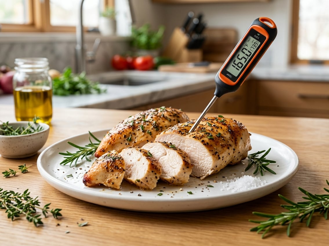 A sliced cooked chicken breast on a white plate with a digital meat thermometer inserted, surrounded by fresh herbs on a kitchen countertop.