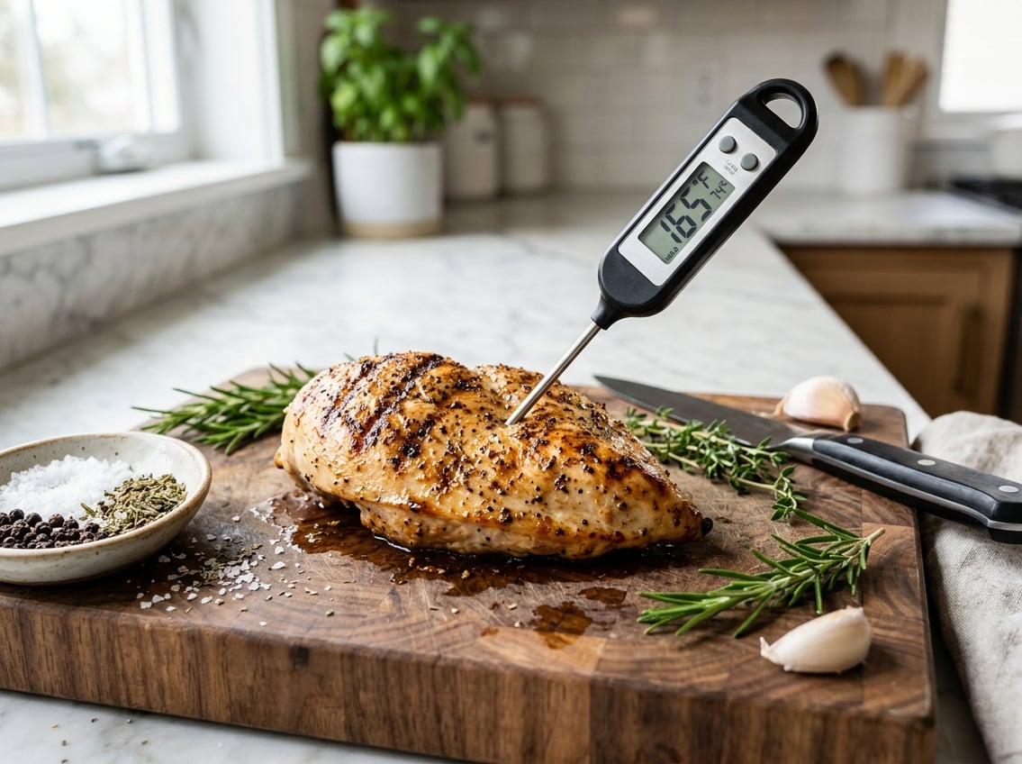 Close-up of a cooked chicken breast with a digital thermometer inserted, showing the temperature, on a wooden cutting board with fresh herbs nearby.