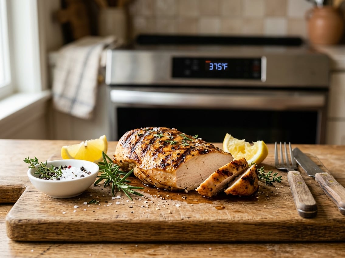 A cooked chicken breast on a wooden cutting board with herbs and lemon wedges, with a modern oven in the background.