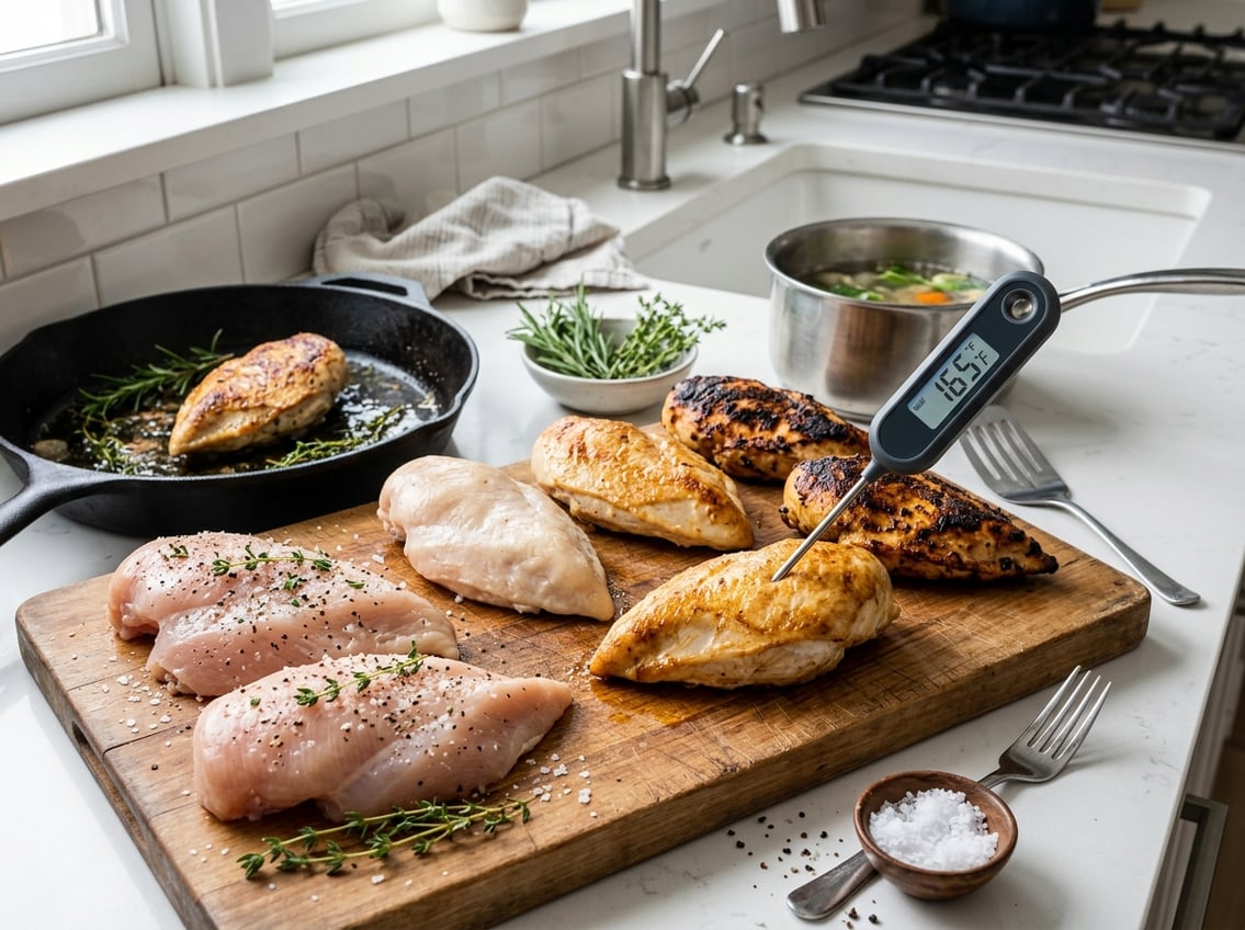 Close-up of raw and cooked chicken breasts on a cutting board with a meat thermometer showing temperature, surrounded by cooking utensils and fresh herbs in a kitchen.