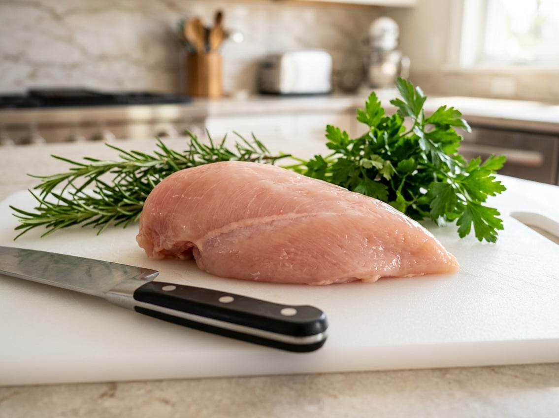 Close-up of a raw chicken breast on a cutting board with fresh herbs and a knife in a kitchen setting.