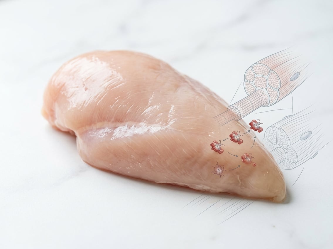 Close-up of raw chicken breast meat with subtle anatomical illustrations showing muscle fibers and myoglobin molecules.