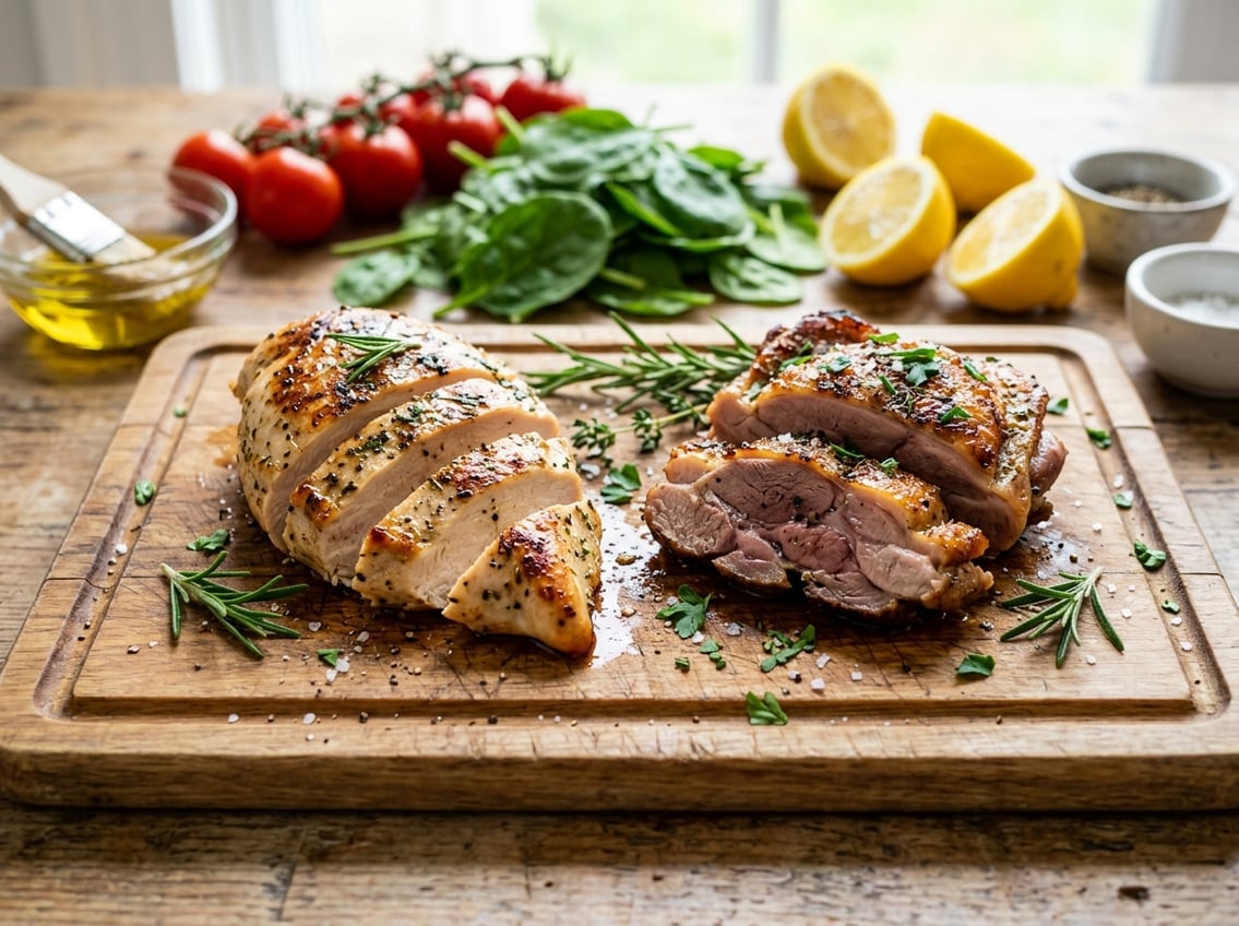 Close-up of cooked chicken breast and thigh pieces on a wooden cutting board with fresh herbs and vegetables around them.