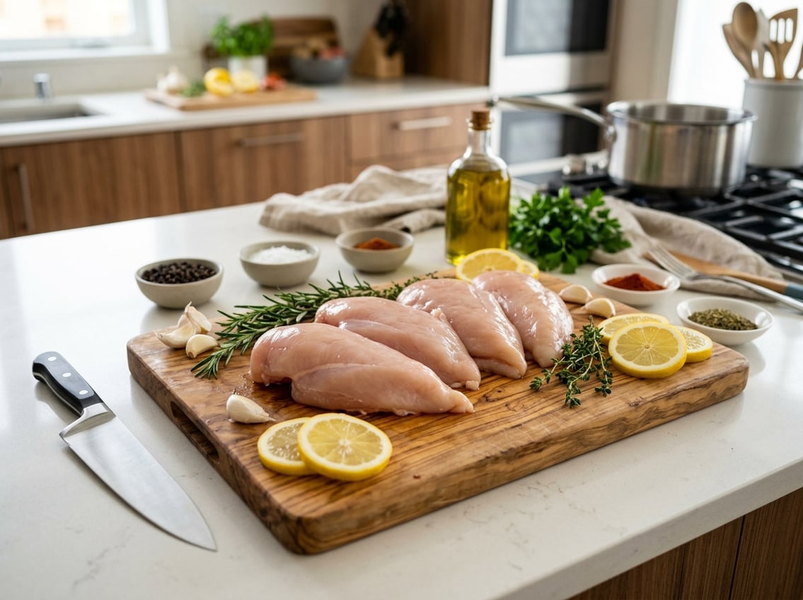 Fresh raw chicken breasts on a cutting board with herbs, garlic, lemon slices, and spices in a kitchen setting.