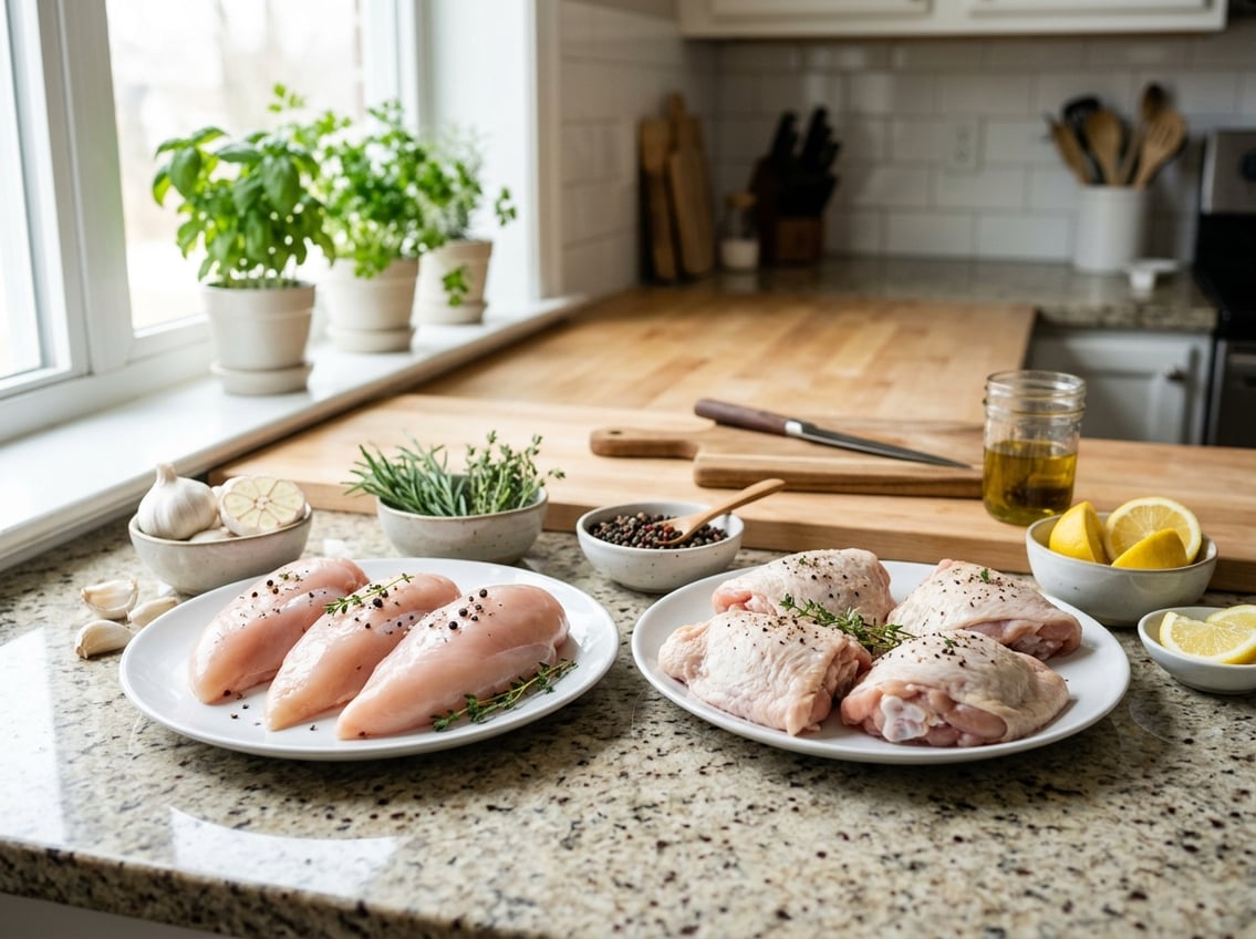 Raw chicken breasts and chicken thighs on separate plates on a kitchen countertop surrounded by herbs and spices.