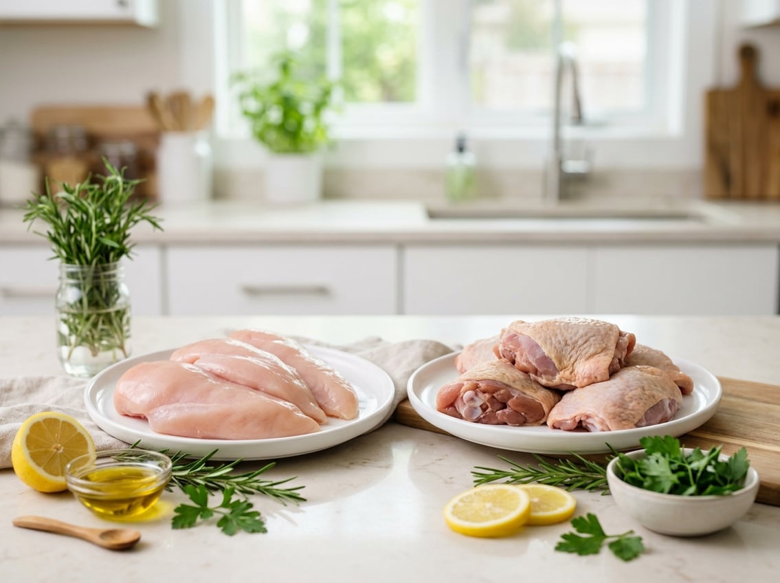 Raw chicken breasts and thighs displayed on white plates with fresh herbs and lemon slices on a kitchen countertop.